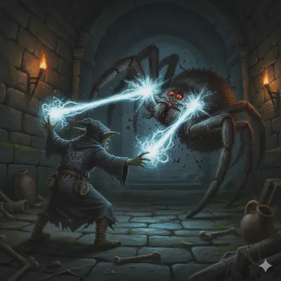 SeaCrock fires two simultaneous crackling bolts of arcane magic into the giant spider, both striking true