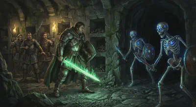 Two sapphire-skulled skeletons emerging from the darkness of a burial chamber, facing a knight with a green-glowing sword